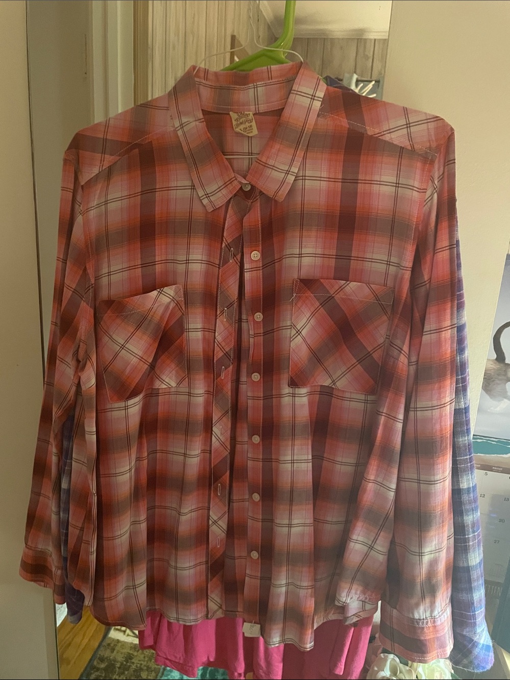 Faded Glory Pink and Orange Plaid Button-Down Shirt